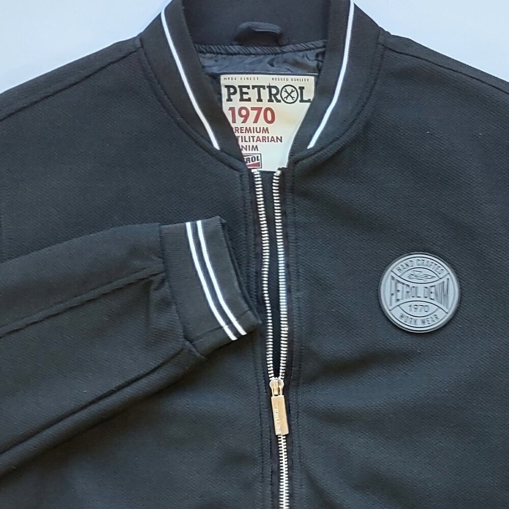 Petrol Denim Black Bomber Jacket Men's Medium Retro Gas & Oil Full Zip Pockets - Picture 2 of 14